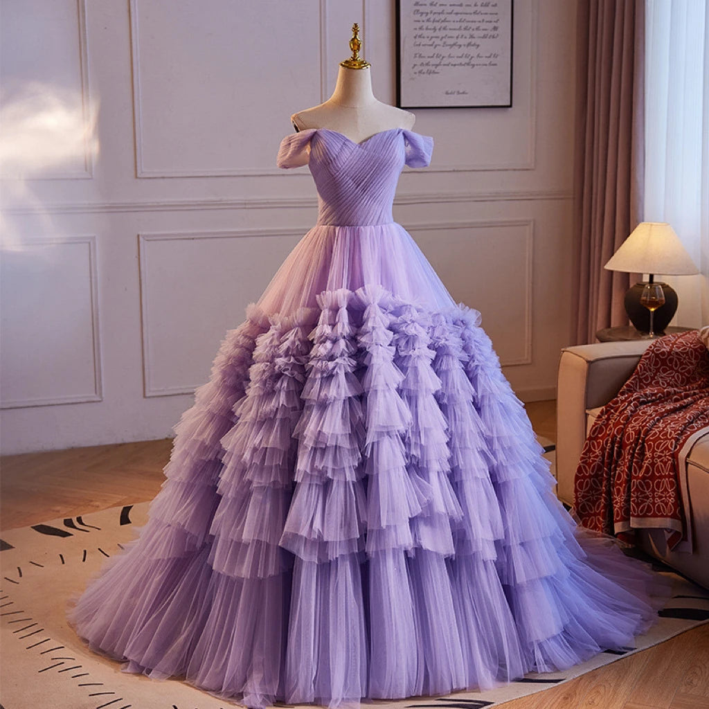 lavender layered dress Romantic Off-shoulder Lavender Layered Tulle Gown