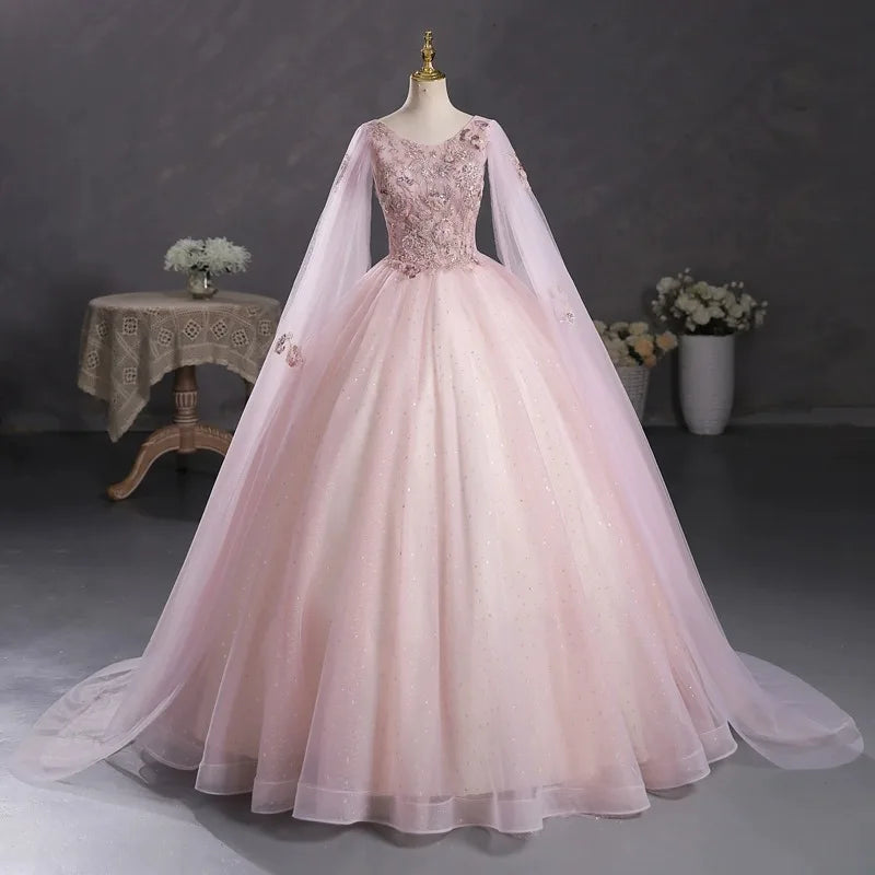Blush Lace Princess Gown With Cape Sleeves on Luulla