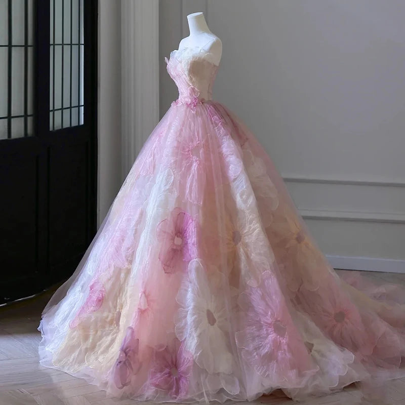 Pink 3d Applique Flower Formal Dress Elegant Strapless Slim Red Carpet Dresses Luxurious Trailing Ball Gown Engagement Vestido