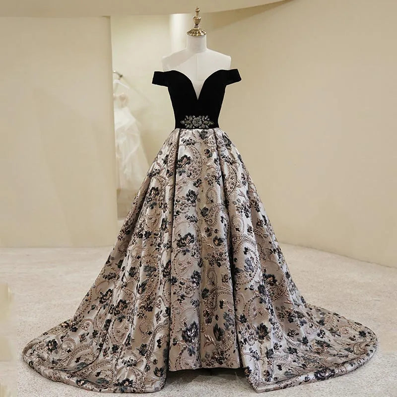 Off-shoulder Black Floral Patterned Evening Gown