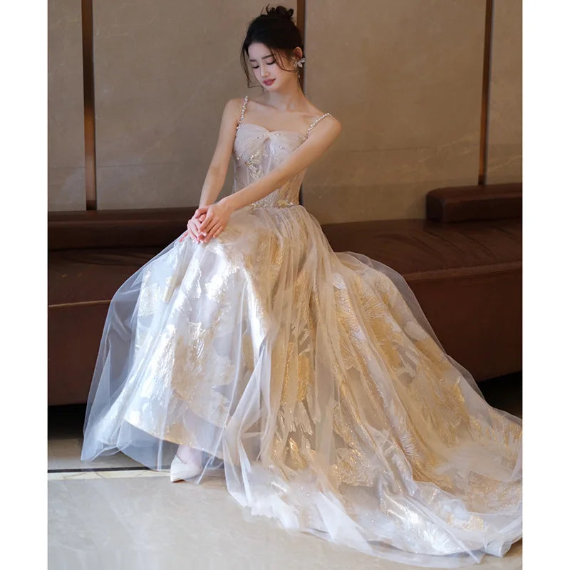 Stunning Gold Embellished Gown With Sheer Overlay on Luulla