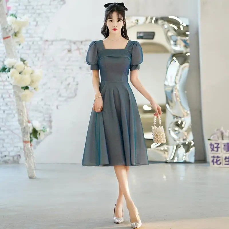 Chic Puff Sleeve Square Neck Midi Dress on Luulla