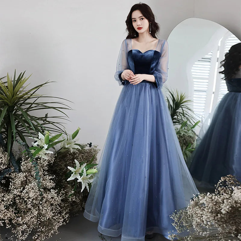 Navy Blue Mesh Gown with Sheer Sleeves
