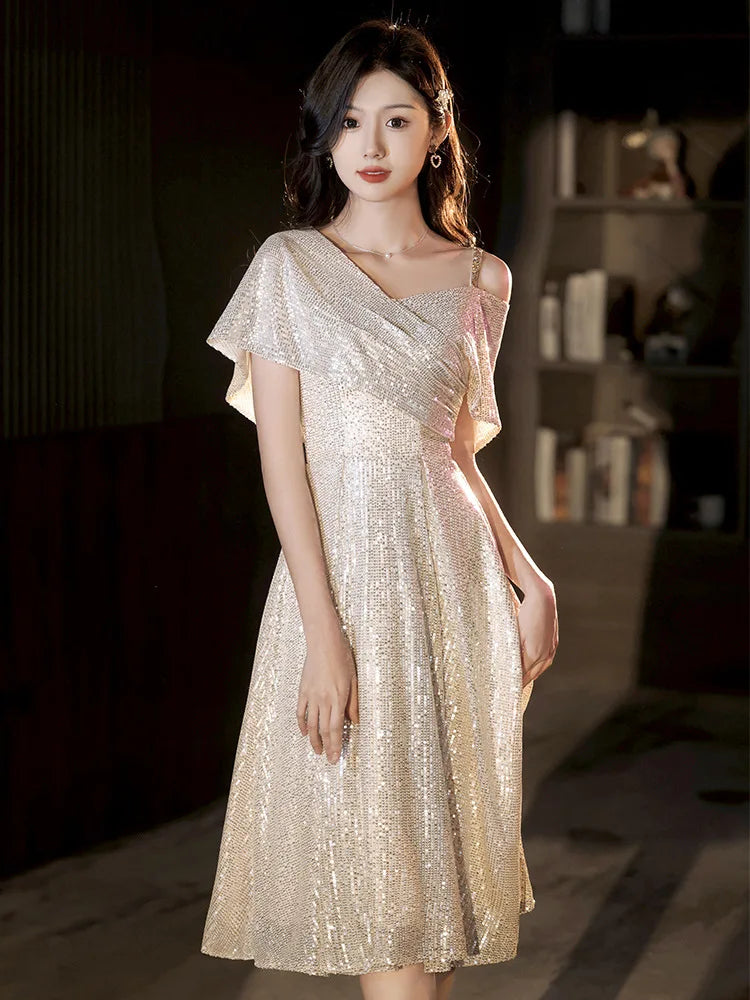 slim fit dress slacks Glitter One-Shoulder Mini Dress Gold