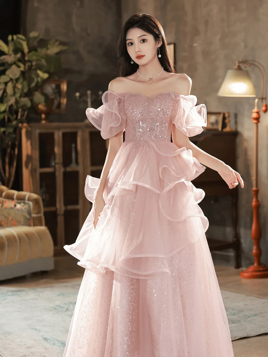 Off-shoulder Ruffled Sparkle Pink Evening Gown