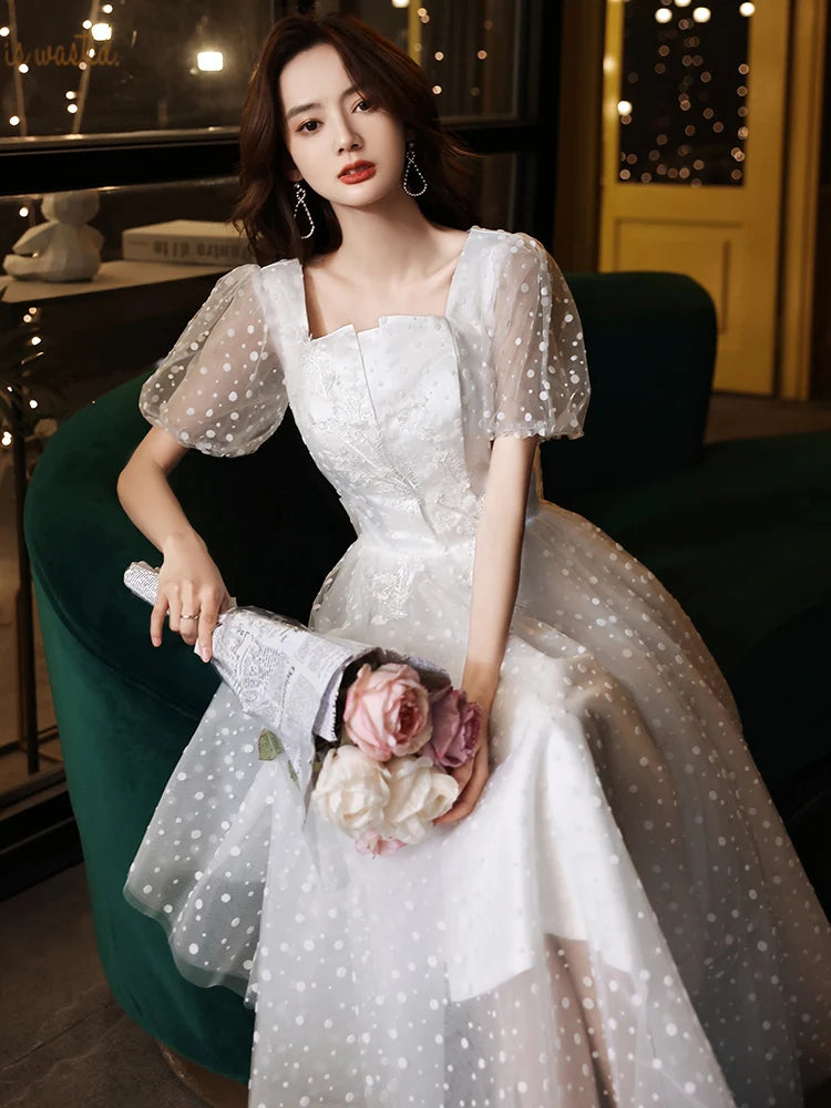 white sheer polka dot dress White Polka Dot Tulle Maxi Dress, Sheer Mesh Bridal Gown