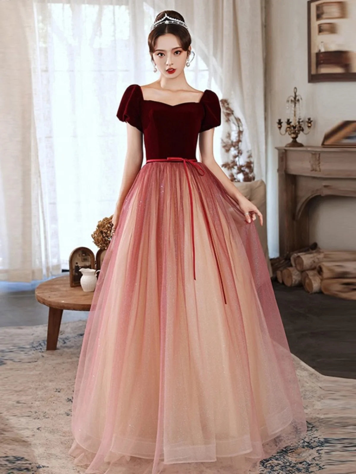 Velvet Bodice Ombre Tulle Long Evening Dress on Luulla