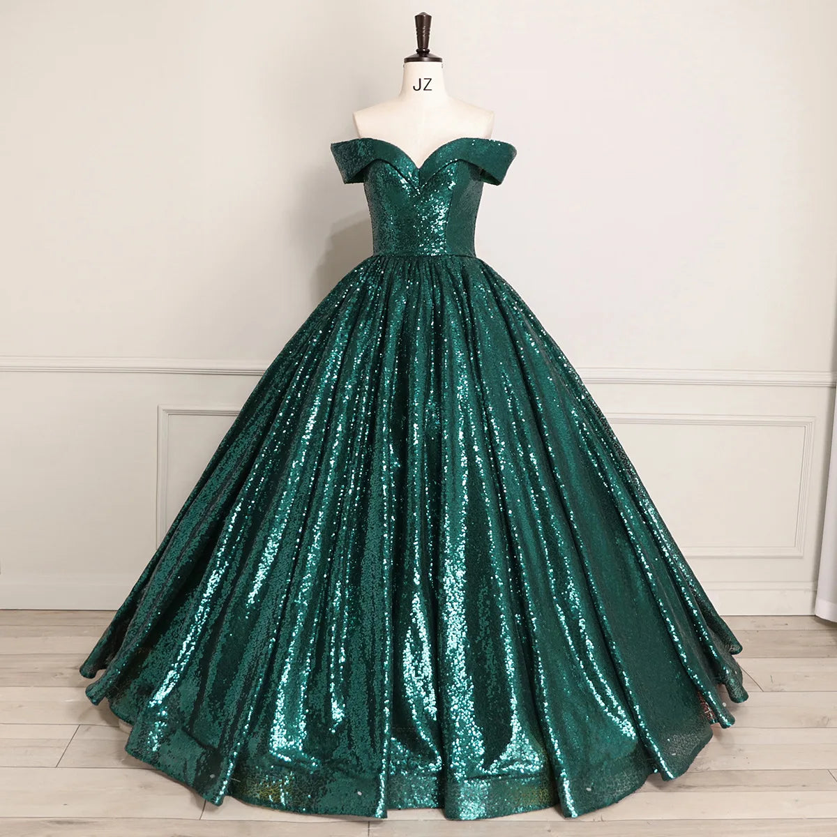 green emerald velvet dress Emerald Green Sequin Off Shoulder Long Sleeve Customized Prom Dress