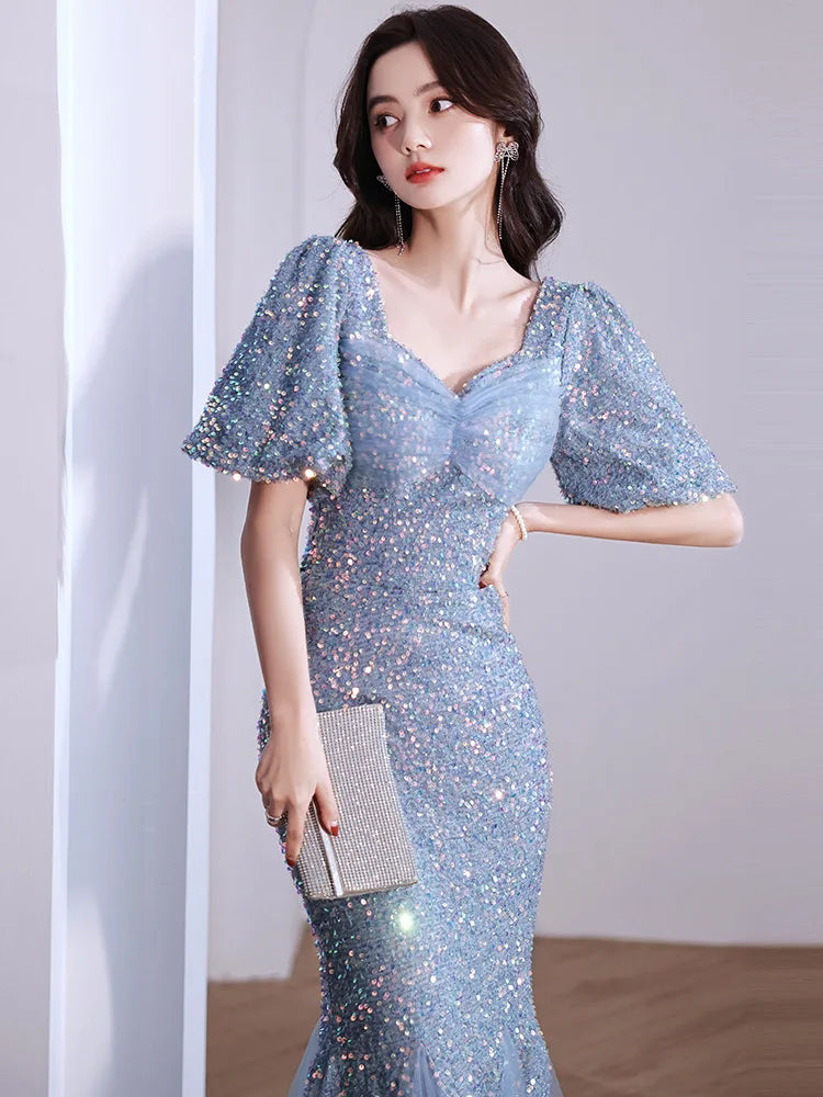 Sparkling Blue Gown With Puffy Sleeves Design on Luulla