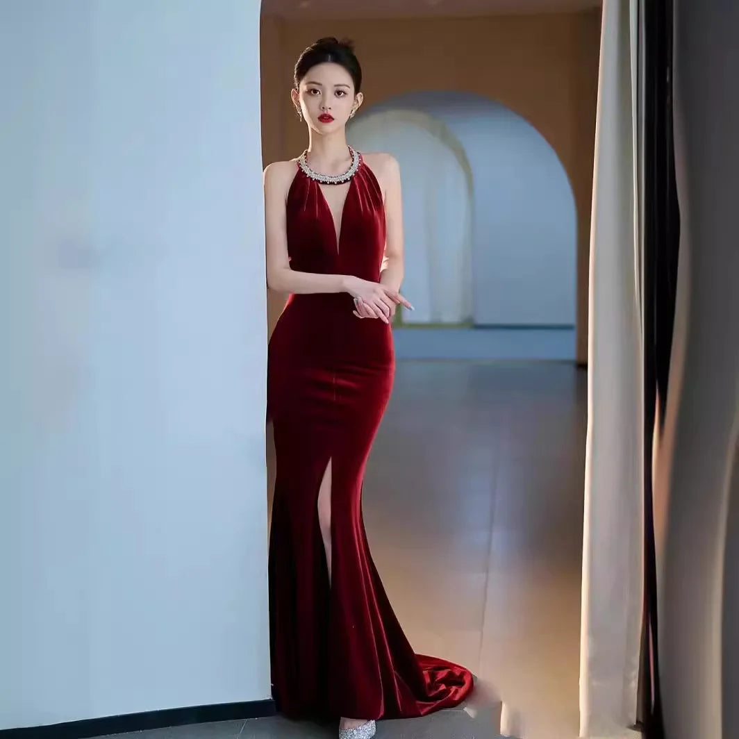 Velvet Red Toast Bride Engagement Red Dress Light Luxury Sexy Heavy Fringe Senior Banquet Evening Dress