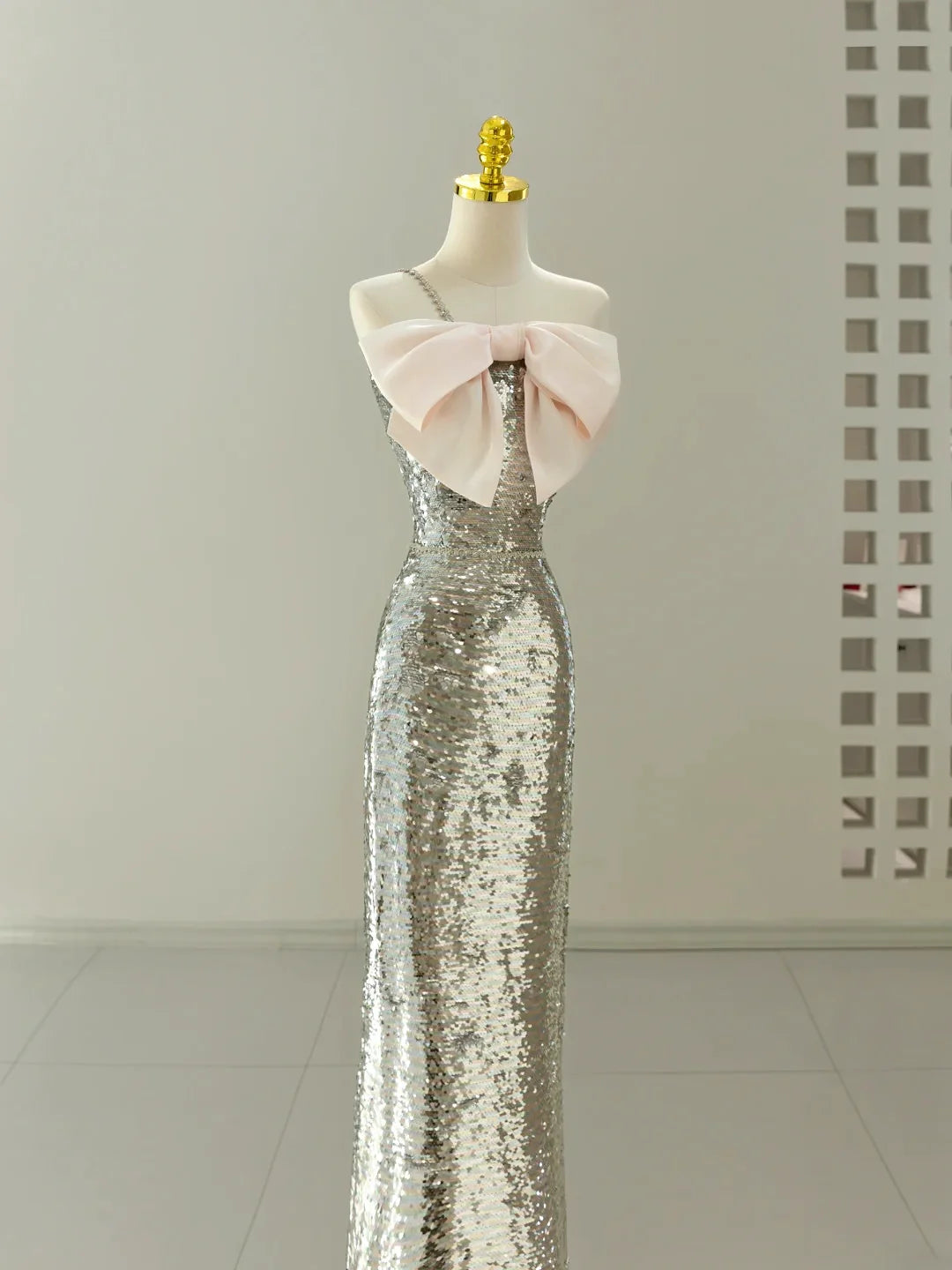 Sequin Dress With Oversized Pink Bow Accent
