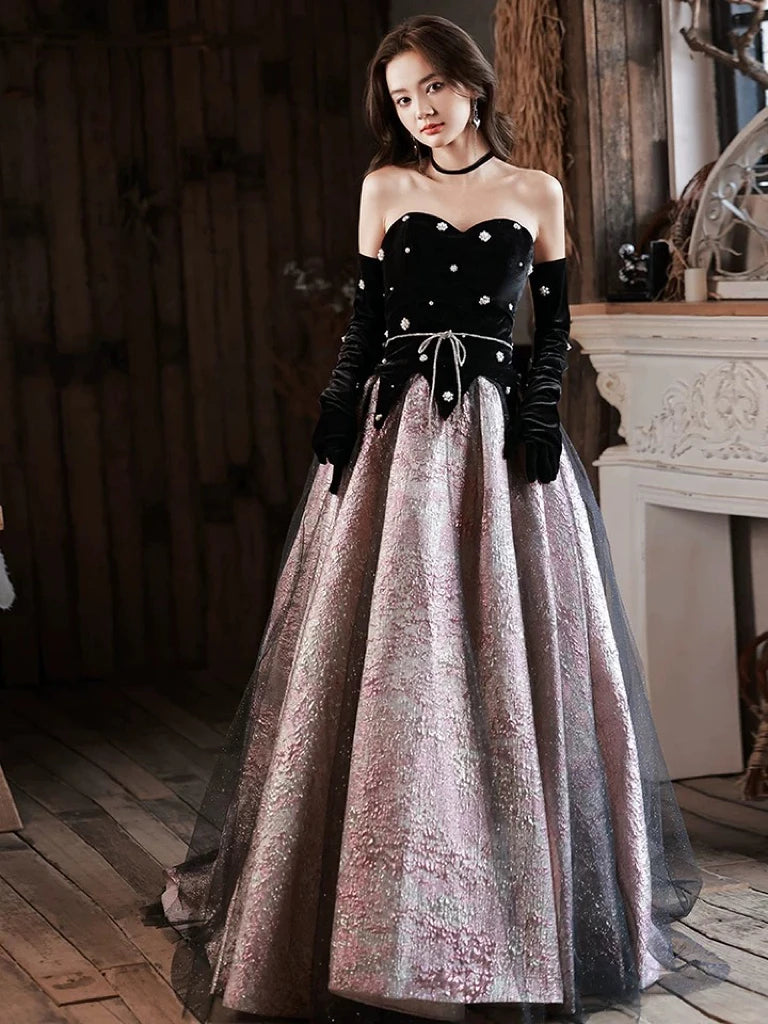Strapless Black Velvet Pearl Embellished Evening Gown
