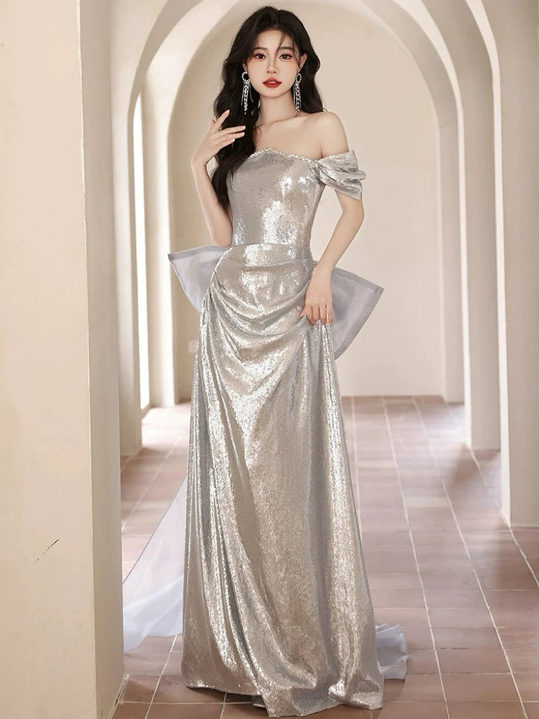 slim fit dress slacks A-line Silver Metallic Dress Ruffles Long Prom Dress With Slit sew1063 main image 1