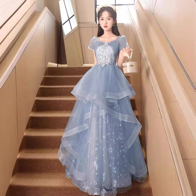 Exquisite Layered Evening Gown With Floral Details