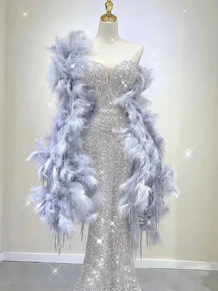 Sparkling Sequin Gown With Feathered Shawl Accent on Luulla