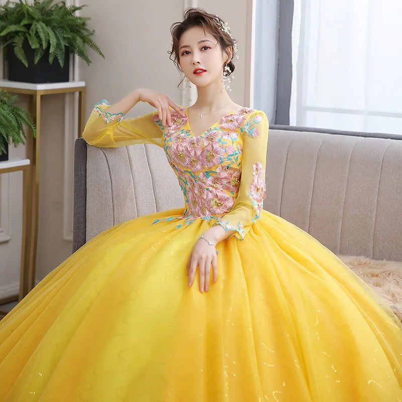 Yellow Floral Embroidered Long Sleeve Ball Gown
