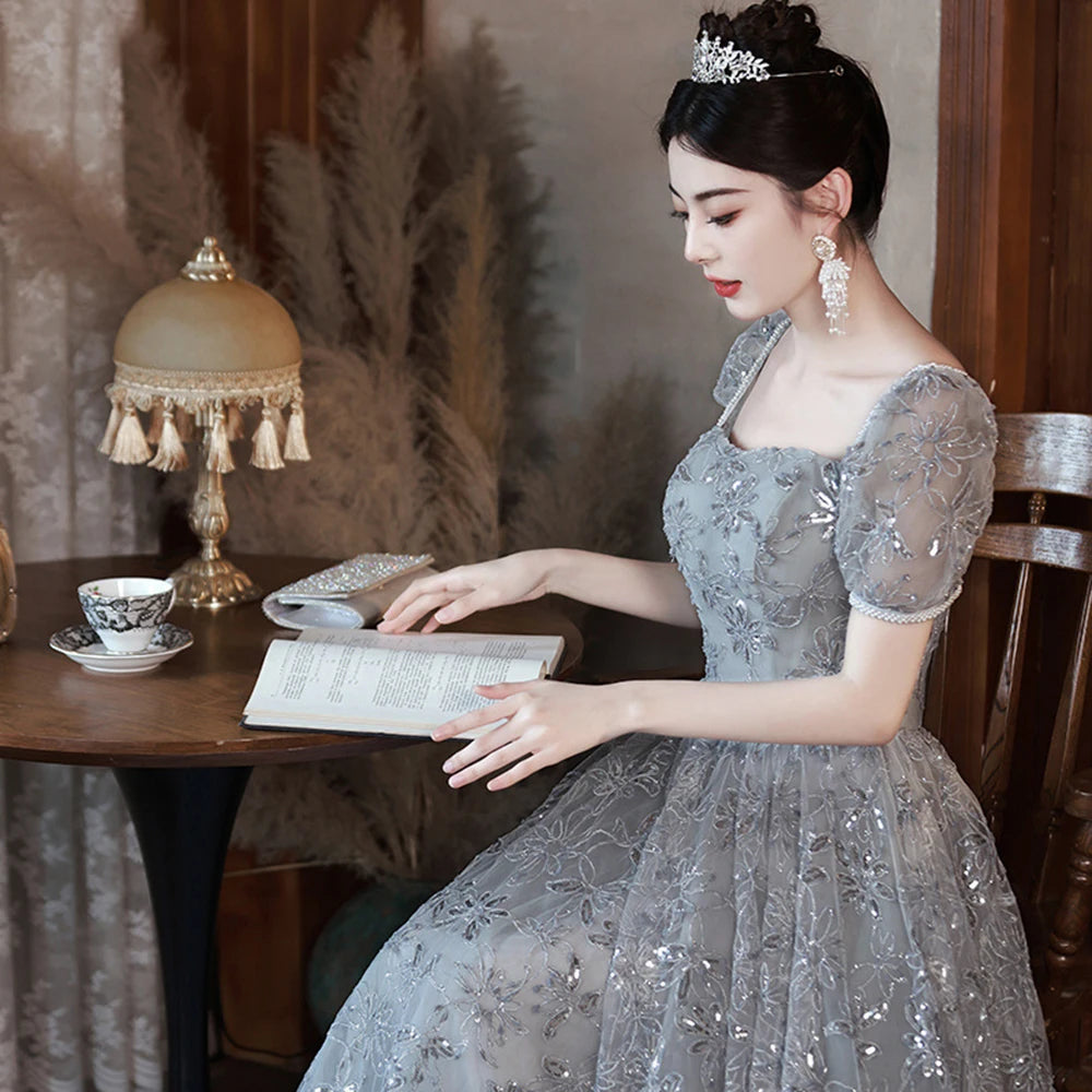 gray dress design Sparkling Gray Gown With Puffy Sleeves Design