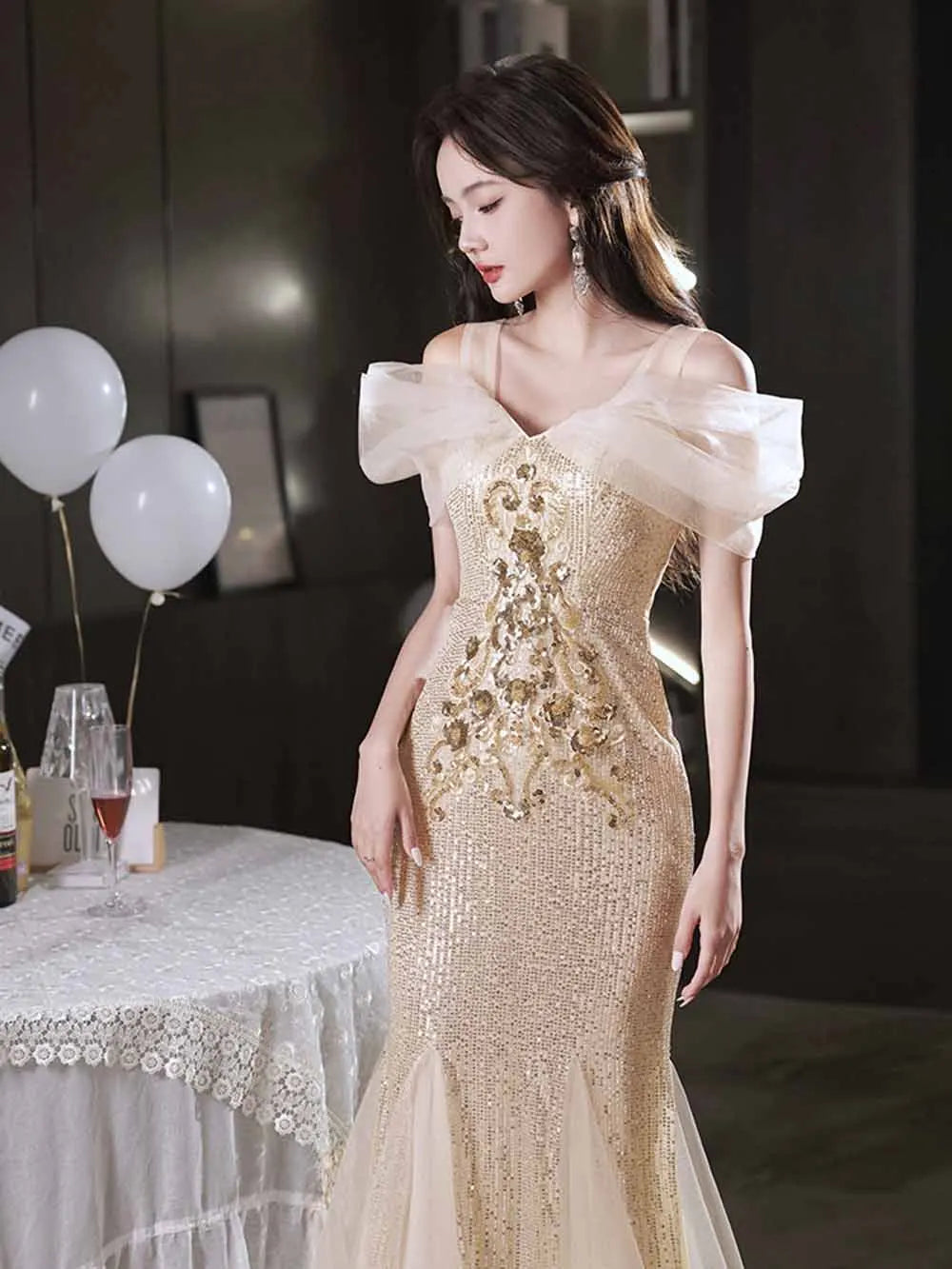 elegant champagne gold dress Elegant Champagne Evening Dress with Long Sleeves SS223 Champagne / 6