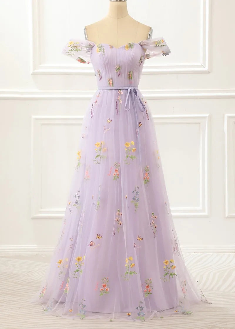 fitted lace wedding dress Plus Size] Lavender 1950s Mesh Flower Embroidered Dress main image 1