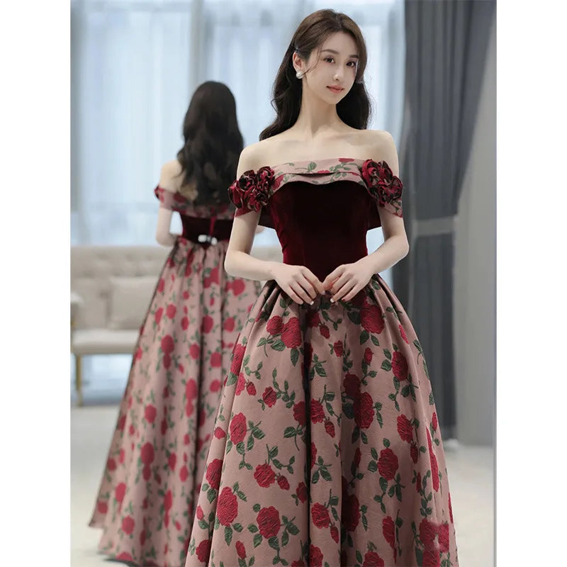 Off-shoulder Floral Velvet Evening Gown Dress on Luulla