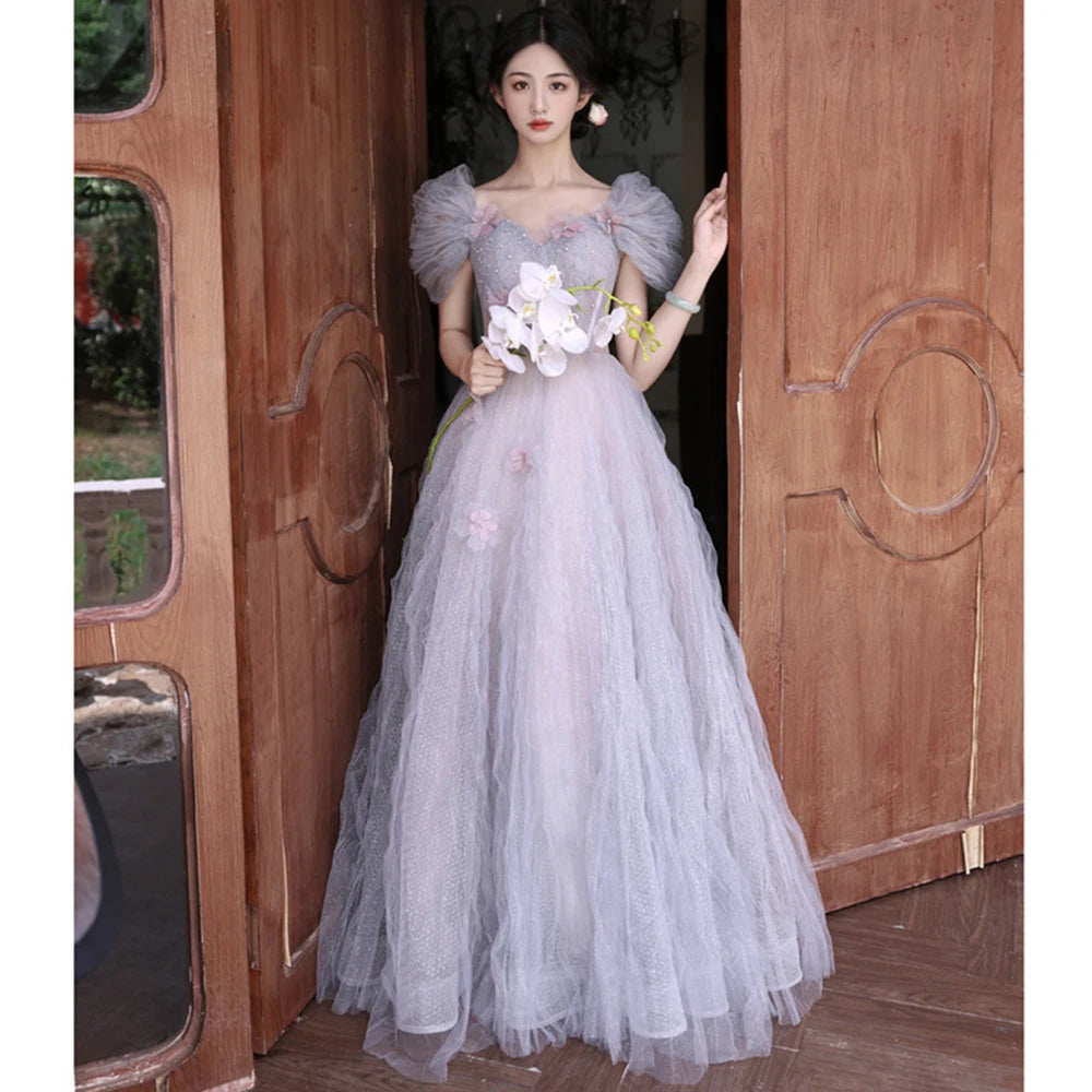 Ethereal Tulle Gown With Puffy Sleeves Design on Luulla