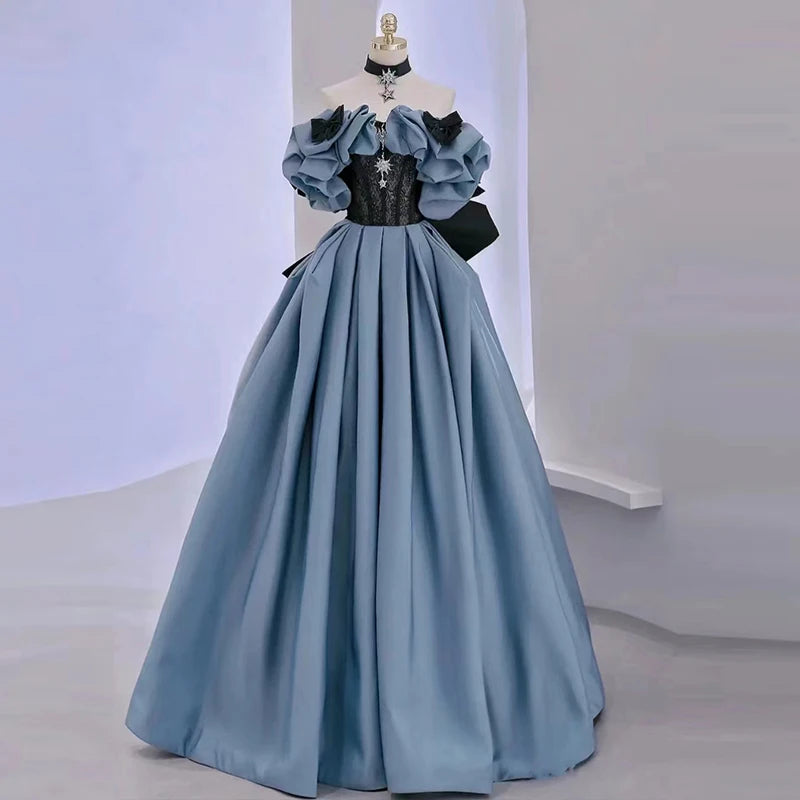 Evening Dress Boat Neck Short Sleeves Pleat A-line Floor-length Lace Up Blue Elegant Satin Party Formal Dresses Woman B2763