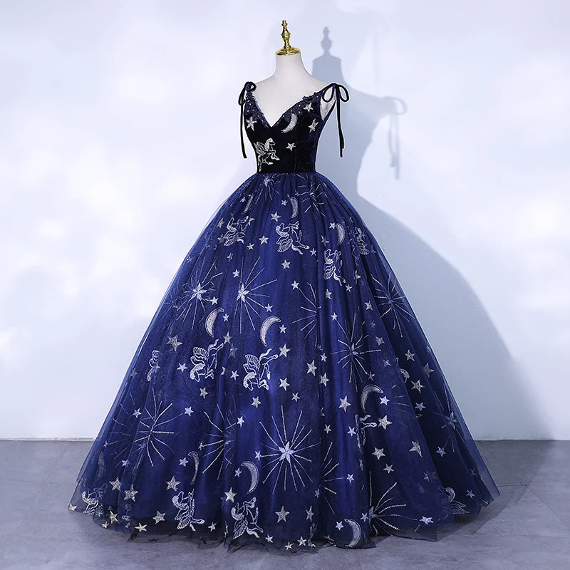 starry night formal dress Navy Starry Night With Shawl High Site Prom Dresses, CP0691