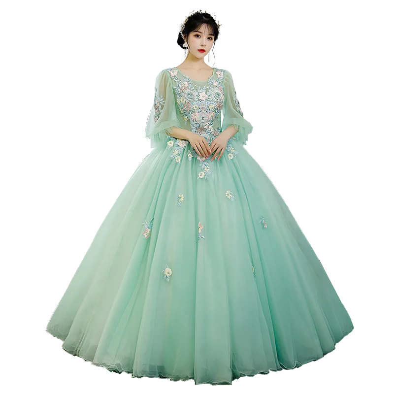 Floral Embroidered Mint Green Ball Gown Dress