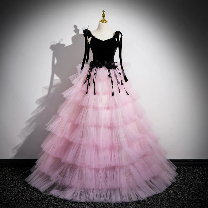 black pink tulle dress Blush Pink and Black Tulle Evening Gown