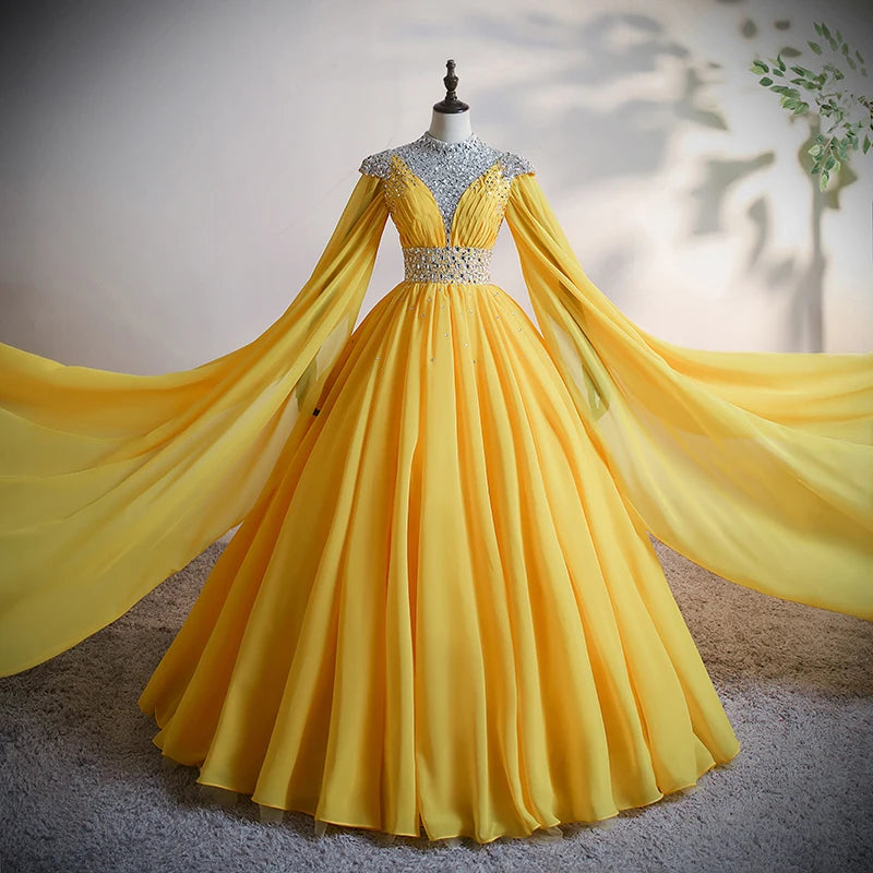 yellow chiffon dress with sleeves Light Yellow Modest Chiffon Flare Sleeves A-Line Long Dress S / Red