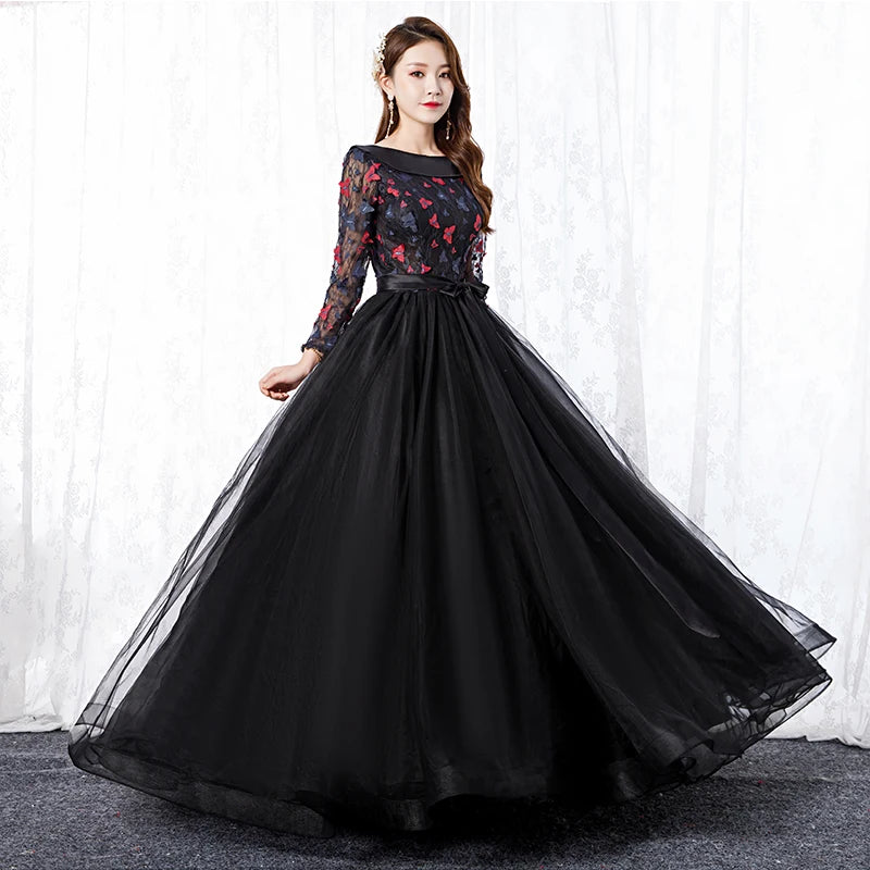Floral Embroidered Black Mesh Long Evening Gown