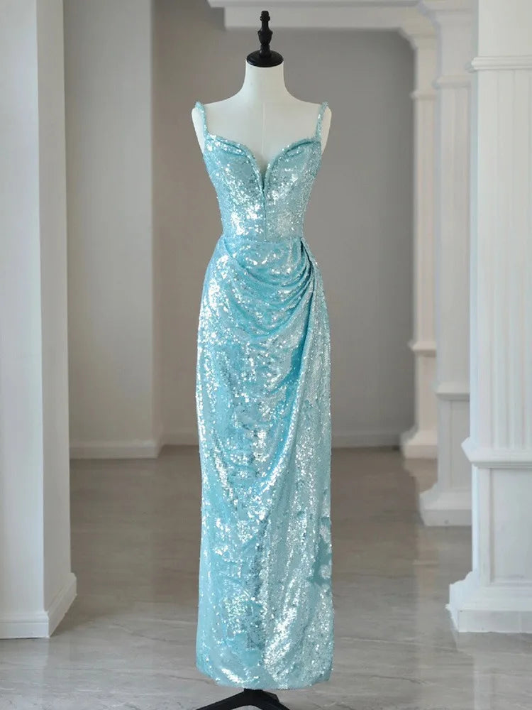 Sparkling Blue Sequin Dress With Drape Design