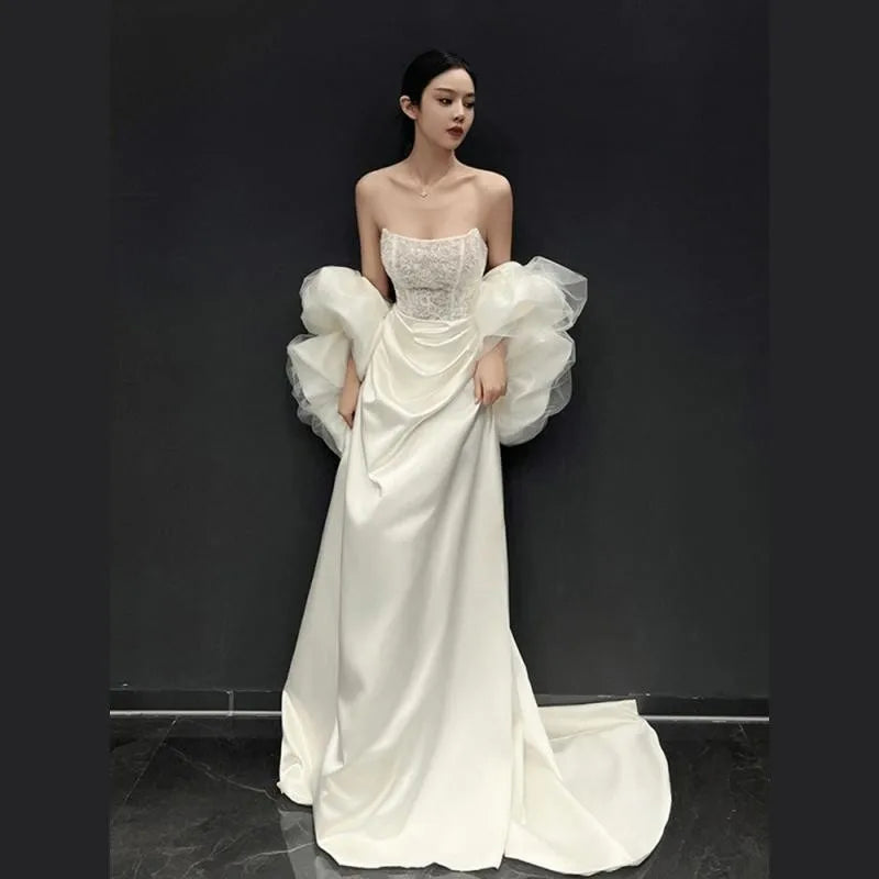 Sexy Strapless Lustrous Satin Wedding Dresses Simple Off The Shoulder Light Wedding  Bridal Dress Bac on Luulla