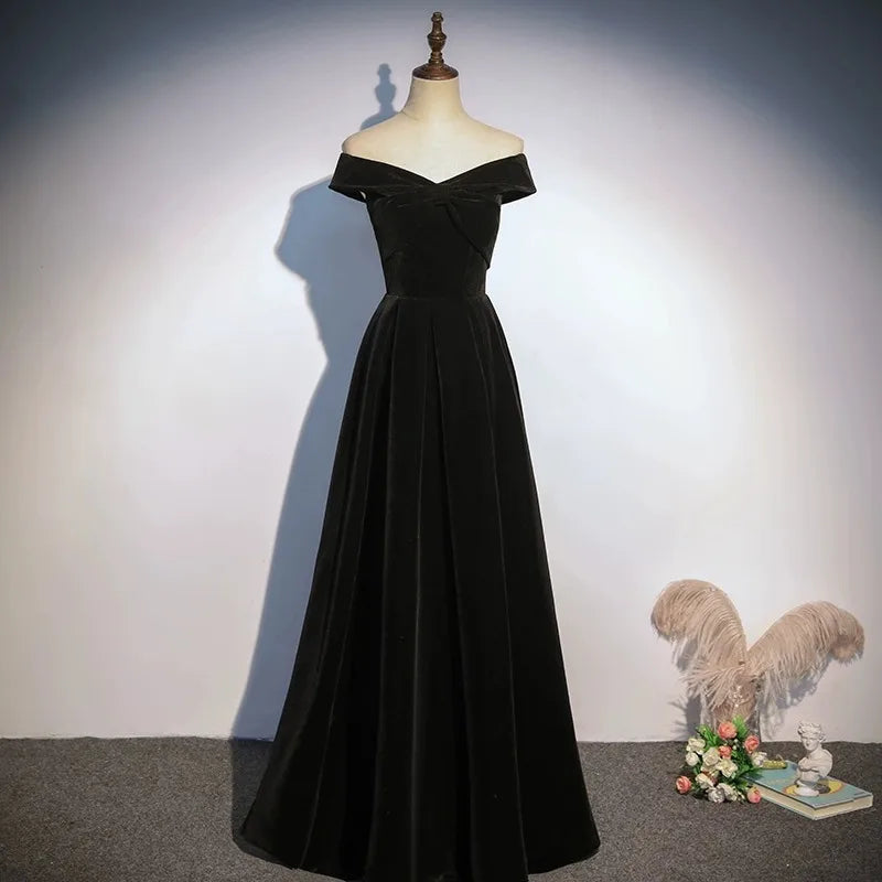 Off-shoulder Black Velvet Gown With Flared Skirt on Luulla