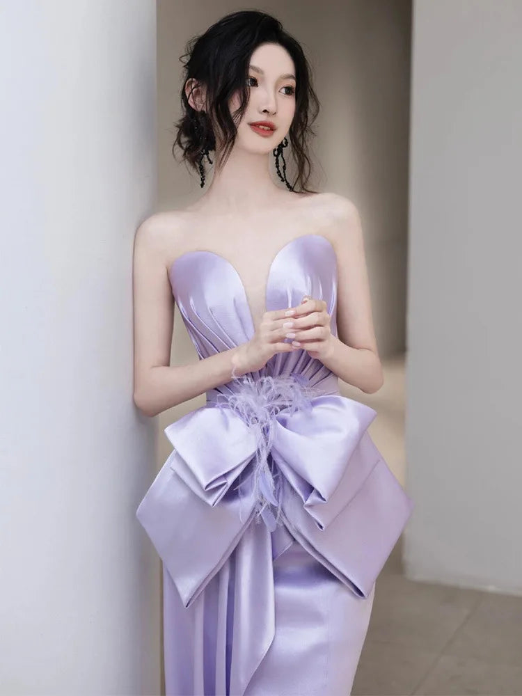 Lavender Satin Gown With Dramatic Bow Accent on Luulla