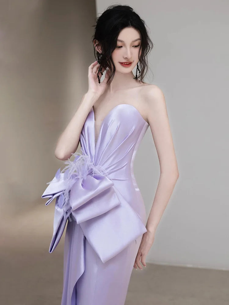 Lavender Satin Gown With Dramatic Bow Accent on Luulla