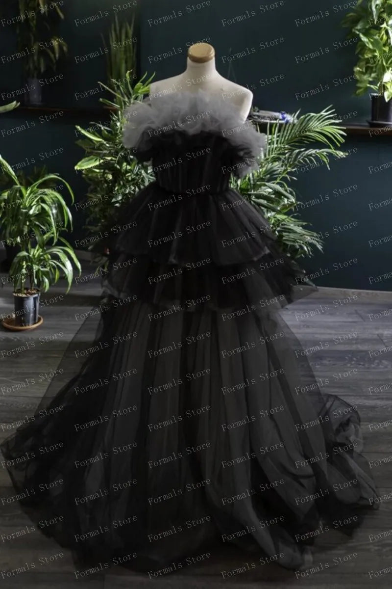 Black Tulle Layered Evening Gown with Ruffles