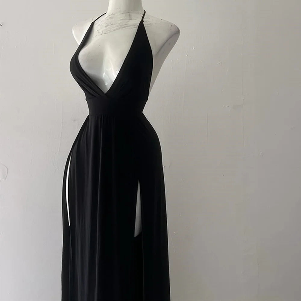 Chic Black Halter Dress With Side Slits on Luulla
