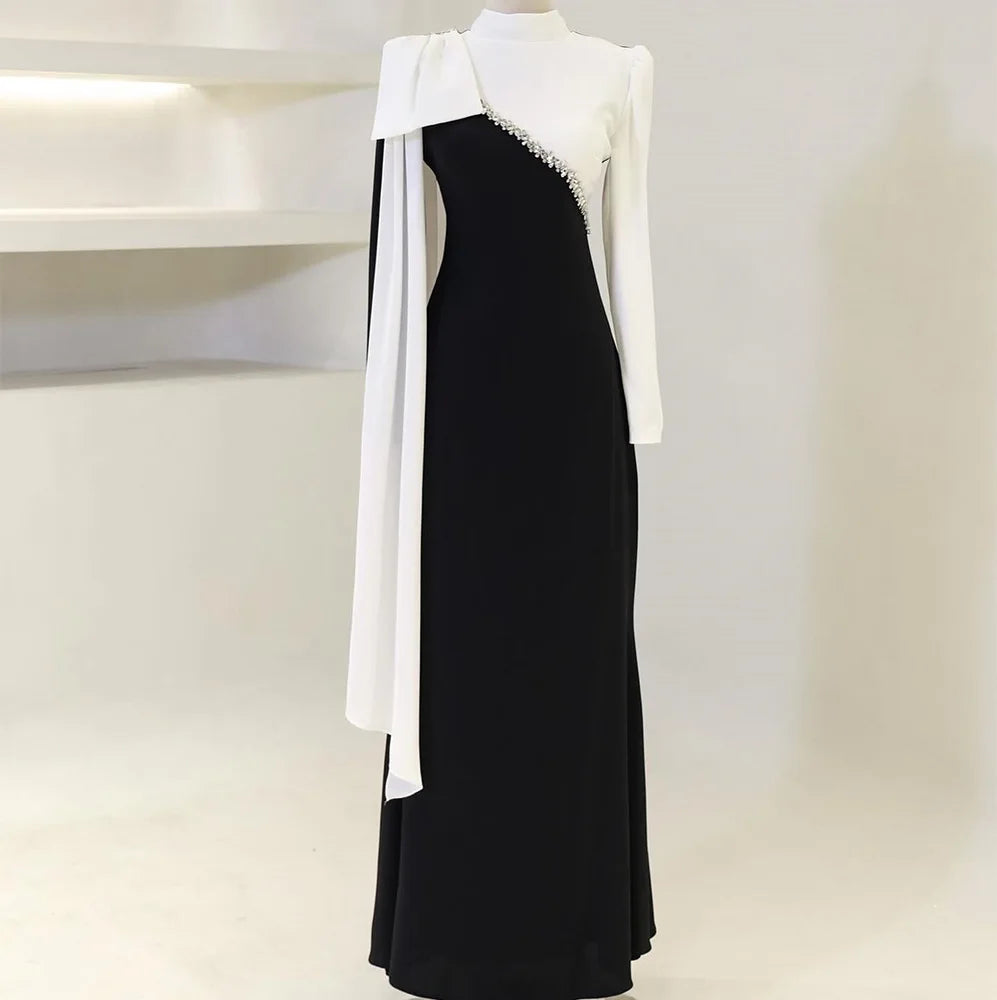 Elegant And Temperament Straight High Collar Long Sleeves Evening Dress Floor Length Crystal Ribbons Saudi Arabia 2024