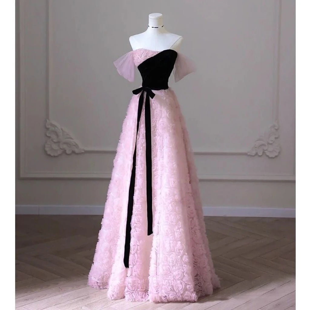 Strapless Pink Floral Dress with Black Bow