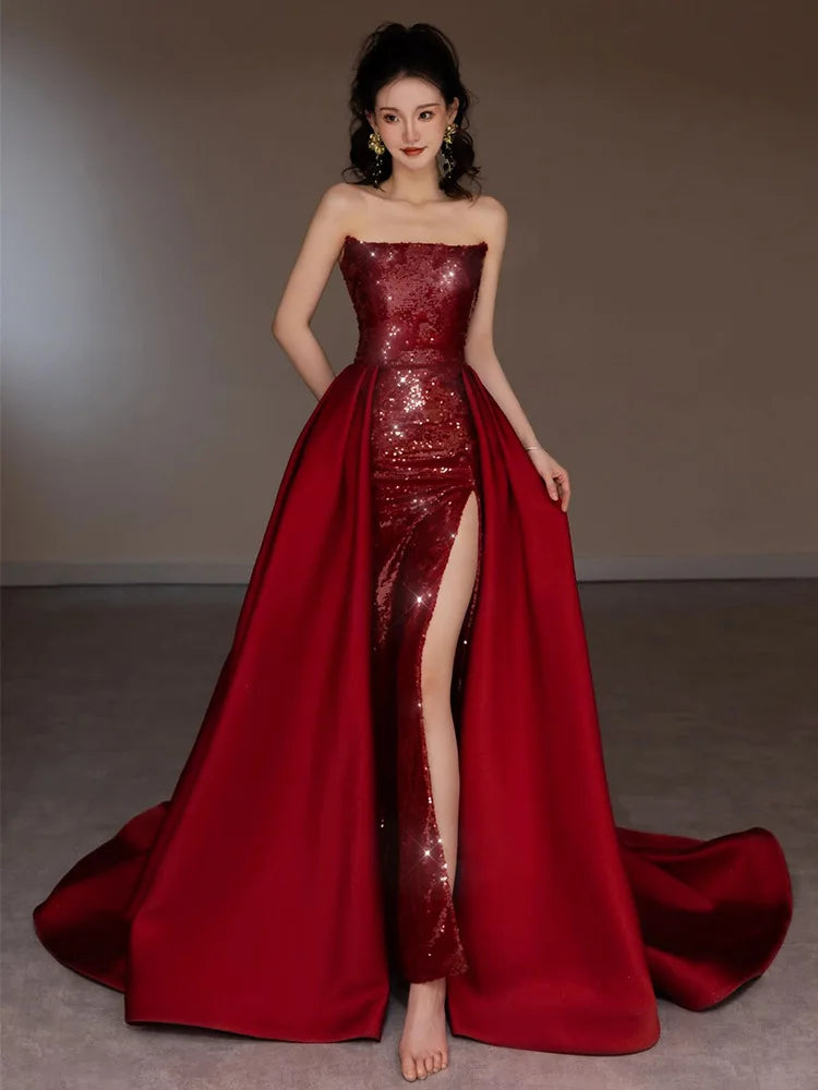 Strapless Burgundy Sequin Gown With Thigh Slit on Luulla