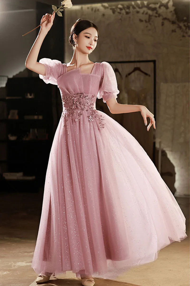 Vintage Pink Evening Gown with Floral Embellishments