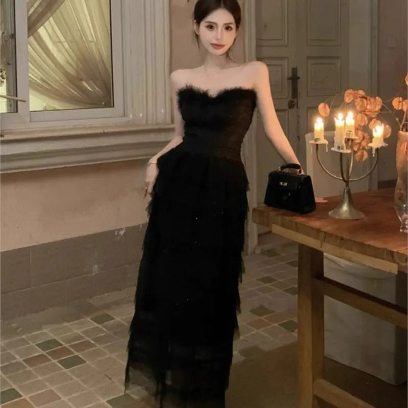 elegant black strapless dress Chic Black Strapless A-Line Elegant Long Prom Dress, DP2147 – DSProm main image 1