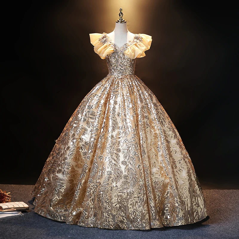 Luxurious Gold Leaf Patterned Ball Gown Dress