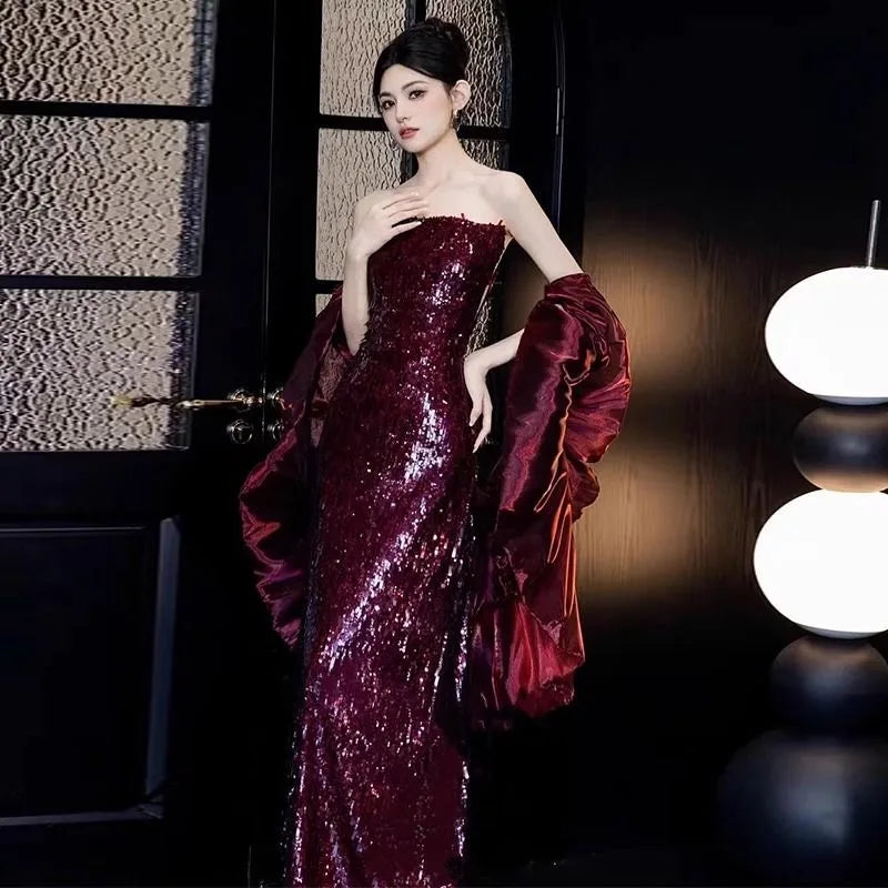 Strapless Burgundy Sequin Gown With Shawl