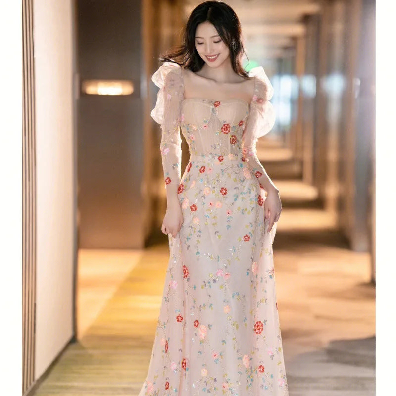 Floral Long Sleeve Sheer Maxi Dress With Ruffles