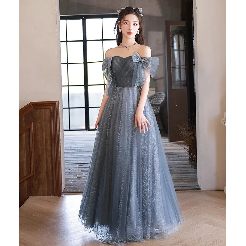 Prom Boutique Used Formal Dresses Near Me Beaded Dusty Blue Tulle Cap  Sleeve Cute Long Prom
