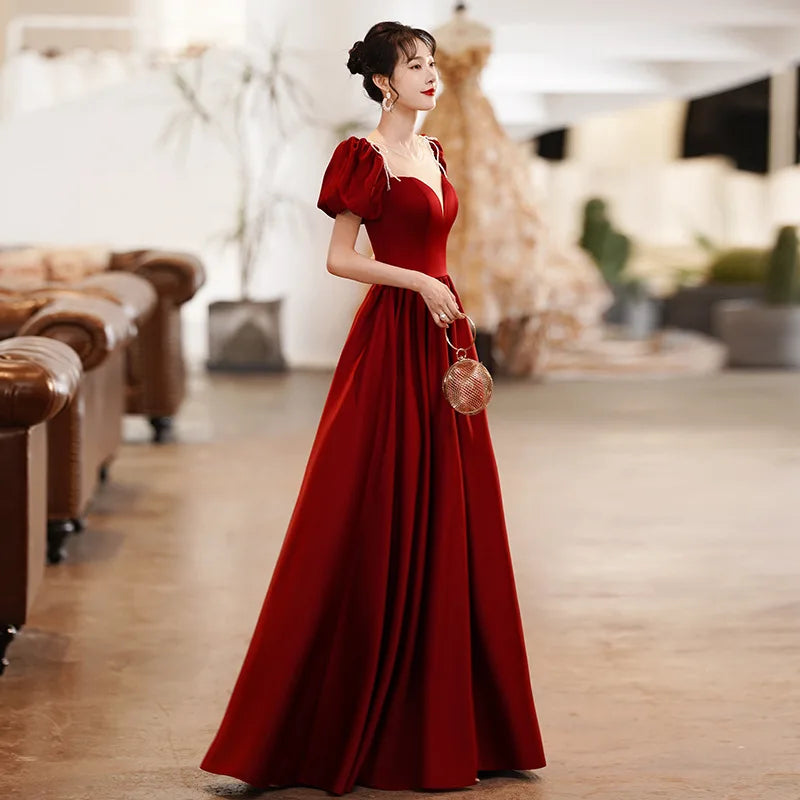 Vintage Red Evening Gown with Puff Sleeves