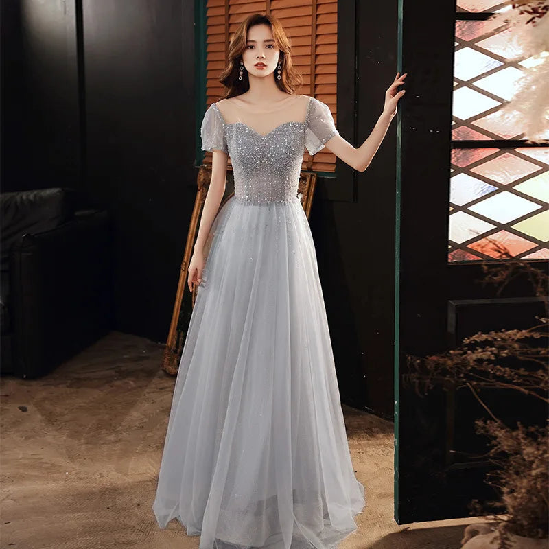 seersucker beach dress Rosette Bugle Bead Column Gown