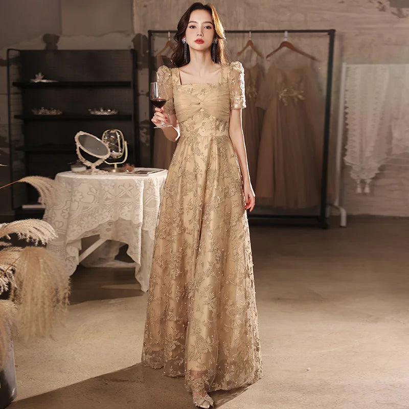 Vintage Floral Lace Long Party Gown Dress